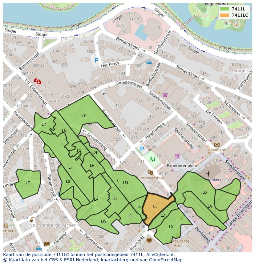 Afbeelding van het postcodegebied 7411 LC op de kaart.