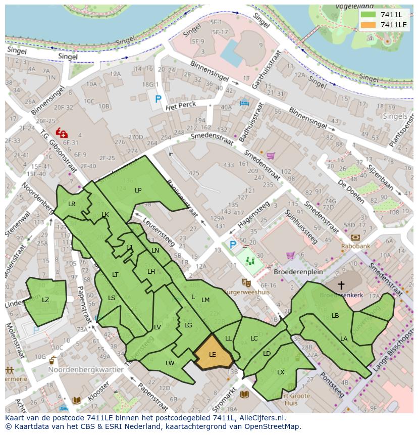 Afbeelding van het postcodegebied 7411 LE op de kaart.