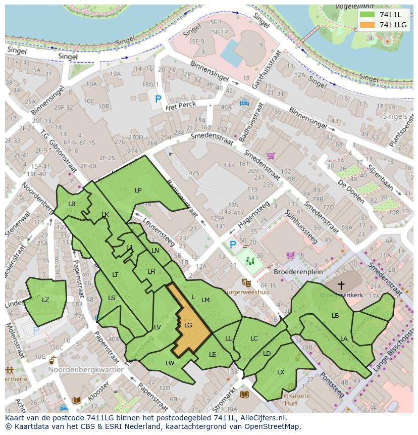 Afbeelding van het postcodegebied 7411 LG op de kaart.