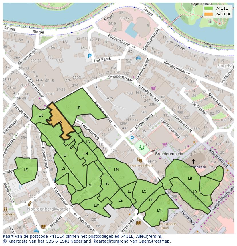 Afbeelding van het postcodegebied 7411 LK op de kaart.