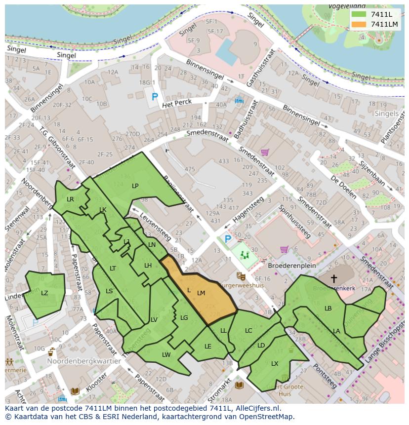 Afbeelding van het postcodegebied 7411 LM op de kaart.