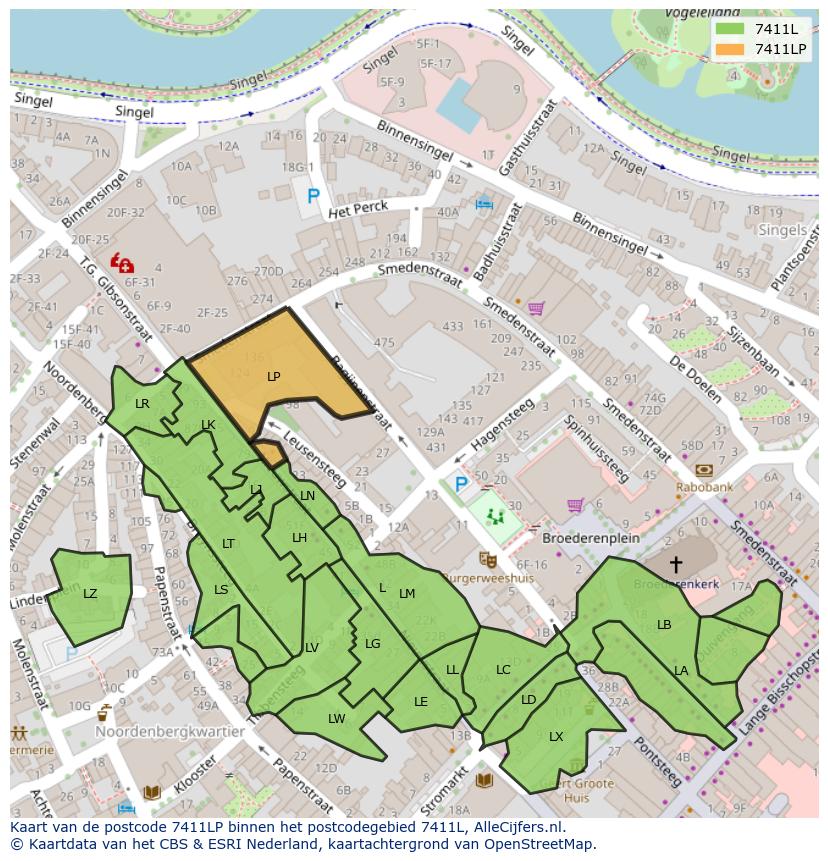 Afbeelding van het postcodegebied 7411 LP op de kaart.