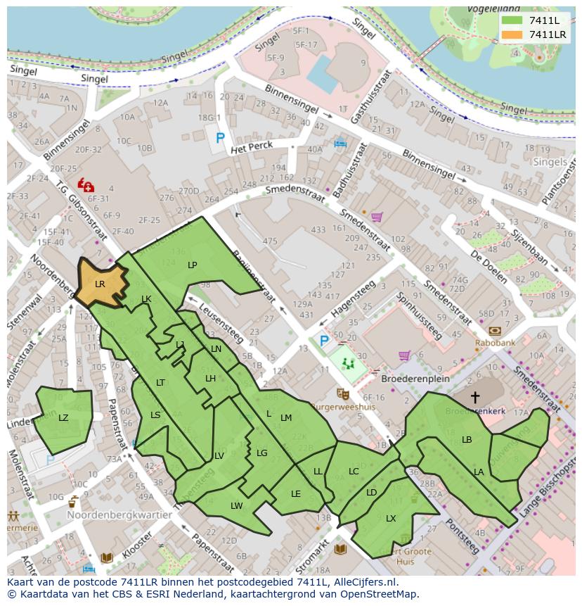 Afbeelding van het postcodegebied 7411 LR op de kaart.