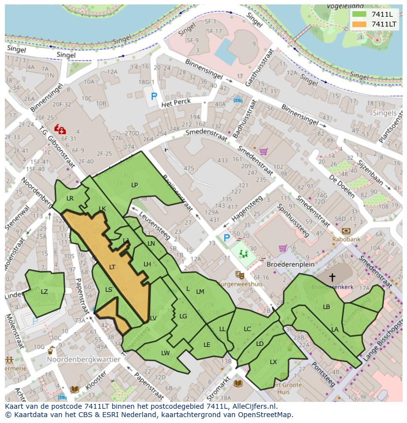 Afbeelding van het postcodegebied 7411 LT op de kaart.