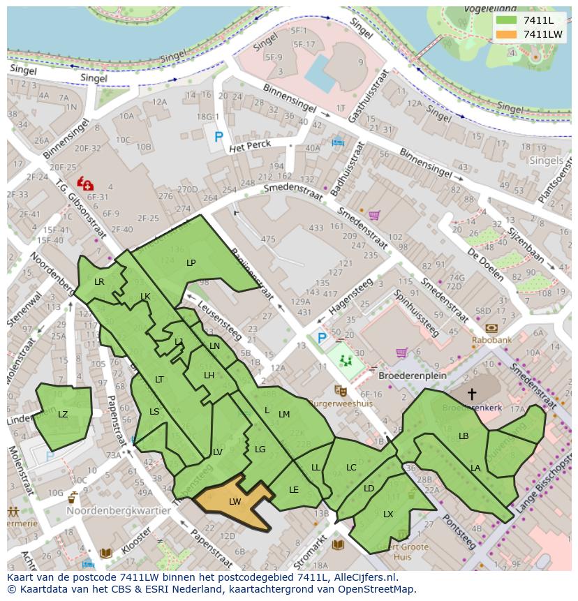Afbeelding van het postcodegebied 7411 LW op de kaart.