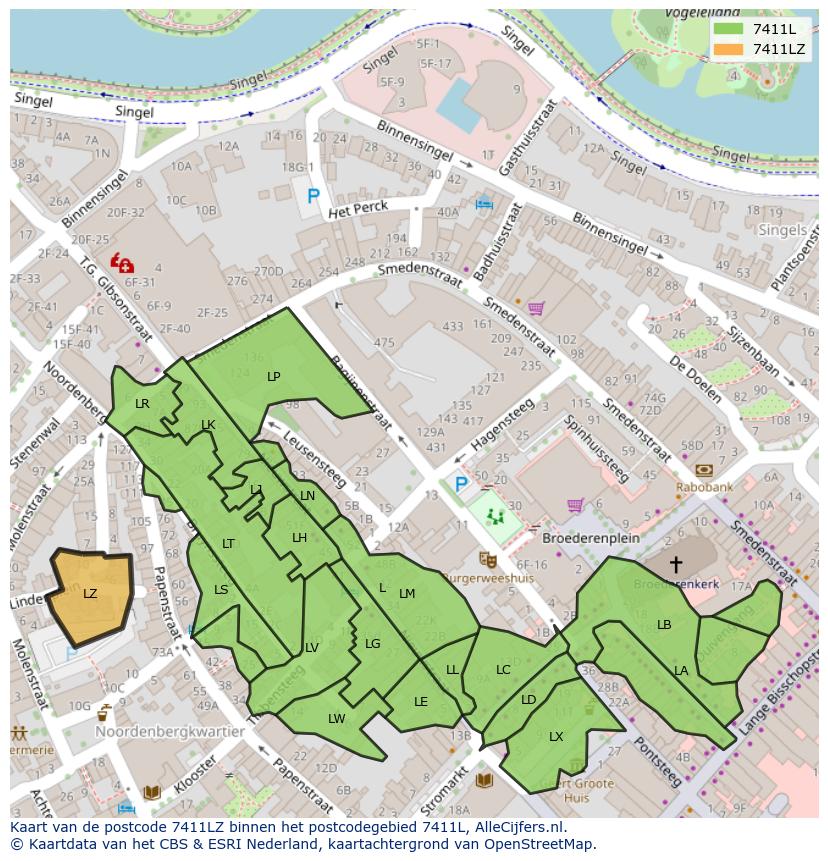 Afbeelding van het postcodegebied 7411 LZ op de kaart.