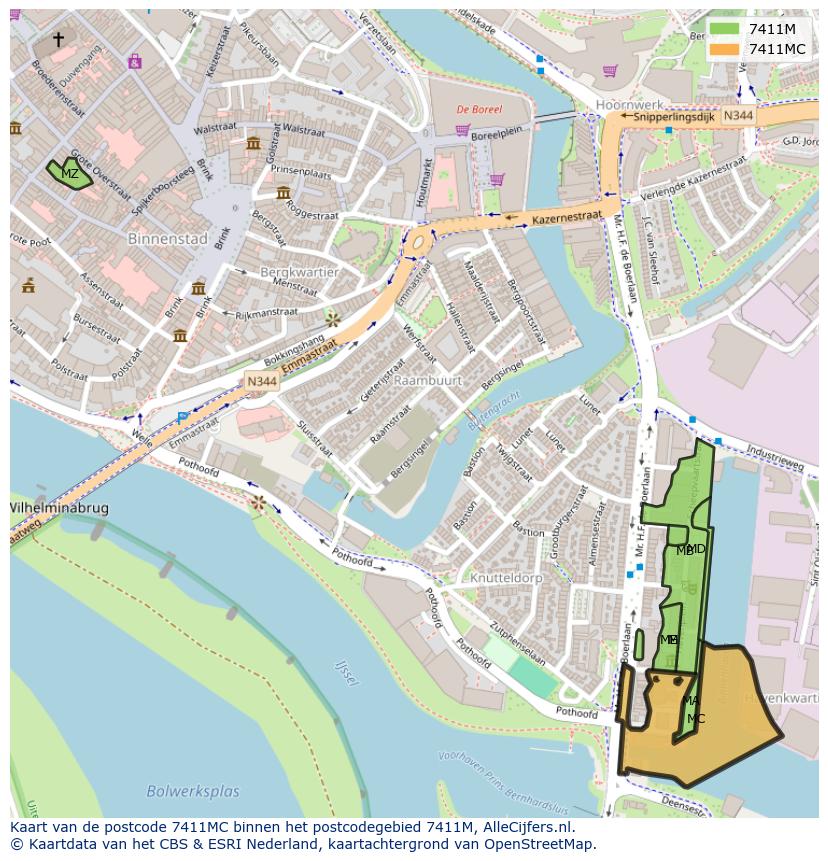 Afbeelding van het postcodegebied 7411 MC op de kaart.