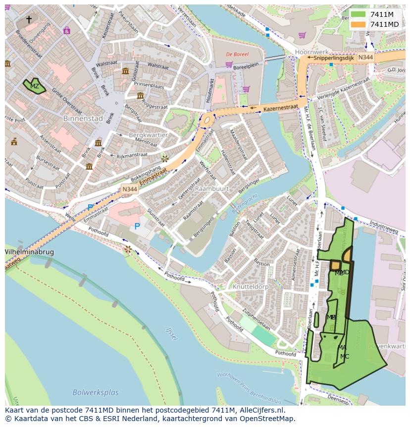 Afbeelding van het postcodegebied 7411 MD op de kaart.