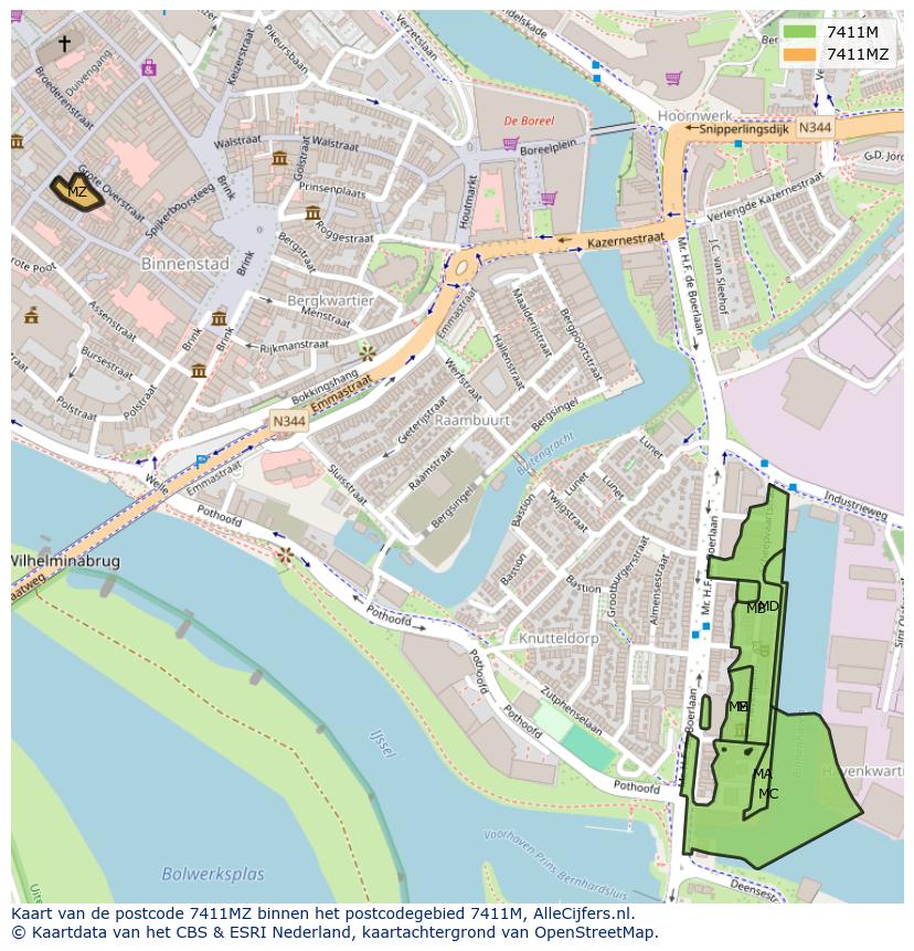 Afbeelding van het postcodegebied 7411 MZ op de kaart.