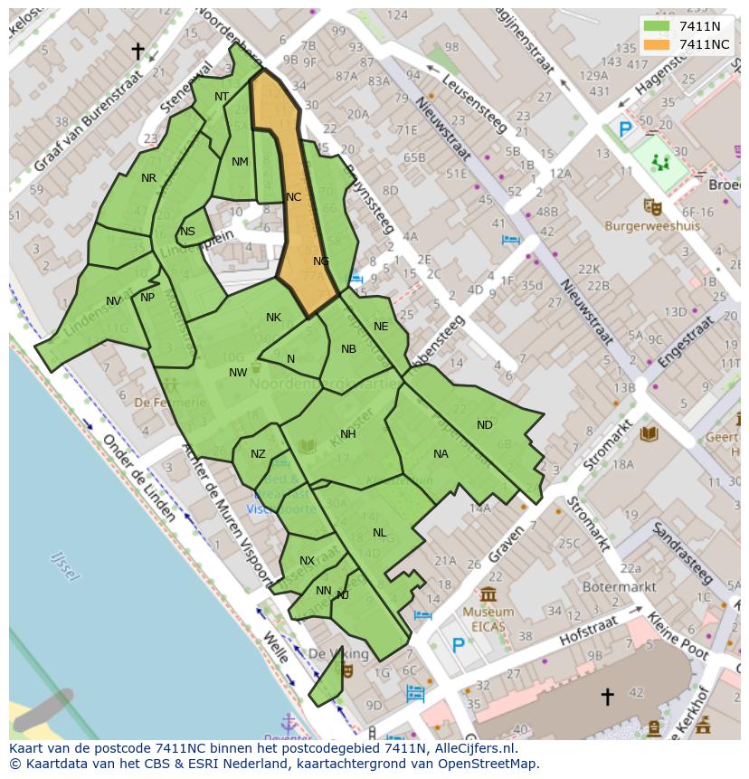 Afbeelding van het postcodegebied 7411 NC op de kaart.