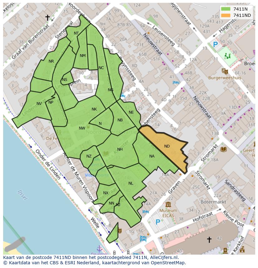 Afbeelding van het postcodegebied 7411 ND op de kaart.
