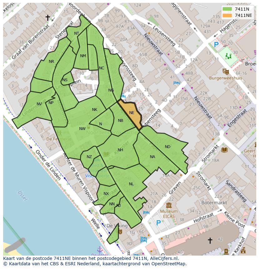 Afbeelding van het postcodegebied 7411 NE op de kaart.