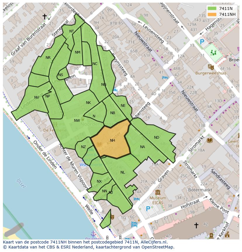 Afbeelding van het postcodegebied 7411 NH op de kaart.