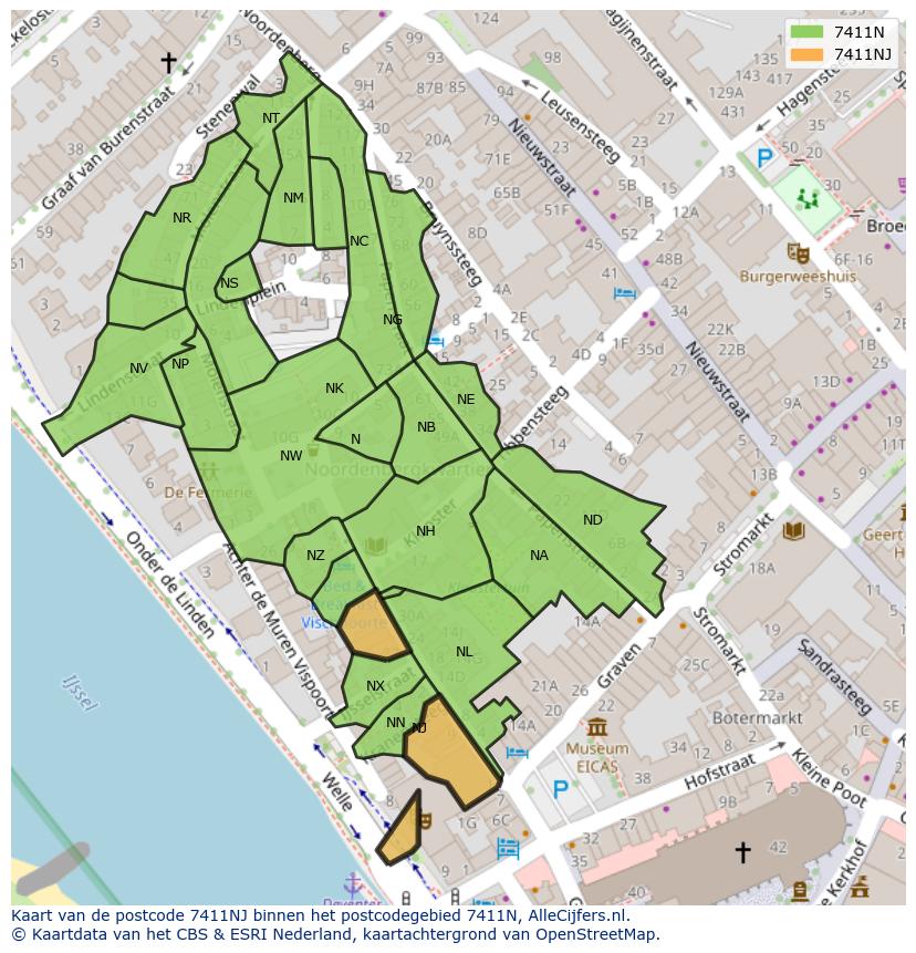 Afbeelding van het postcodegebied 7411 NJ op de kaart.