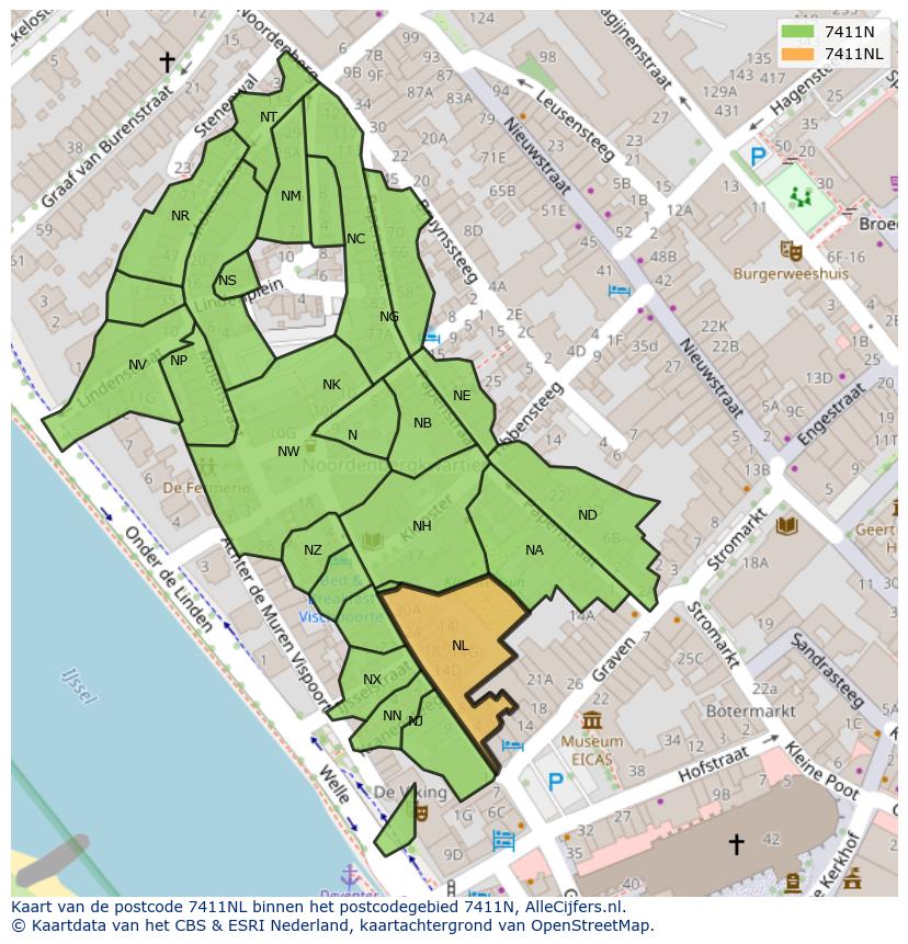 Afbeelding van het postcodegebied 7411 NL op de kaart.