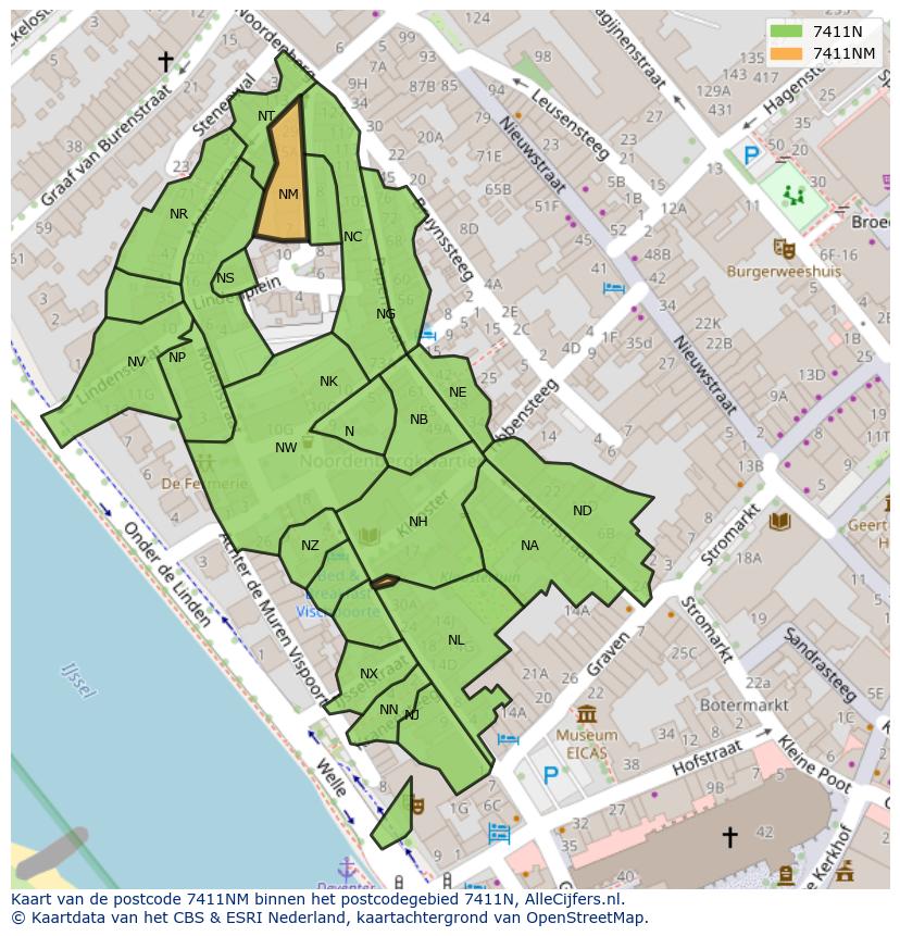 Afbeelding van het postcodegebied 7411 NM op de kaart.
