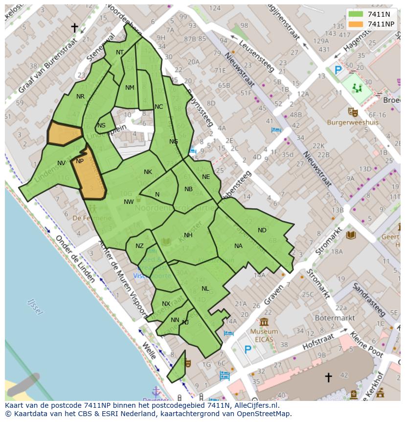 Afbeelding van het postcodegebied 7411 NP op de kaart.