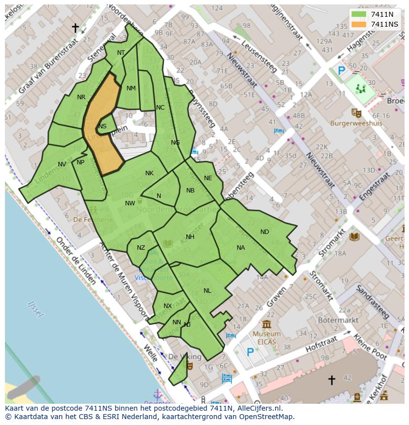 Afbeelding van het postcodegebied 7411 NS op de kaart.