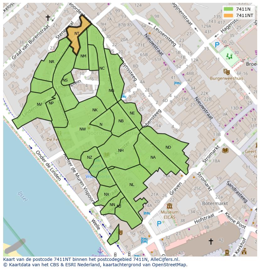 Afbeelding van het postcodegebied 7411 NT op de kaart.