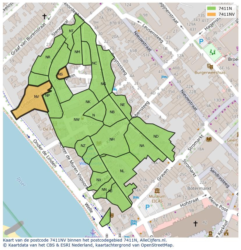 Afbeelding van het postcodegebied 7411 NV op de kaart.