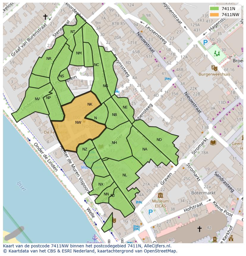 Afbeelding van het postcodegebied 7411 NW op de kaart.