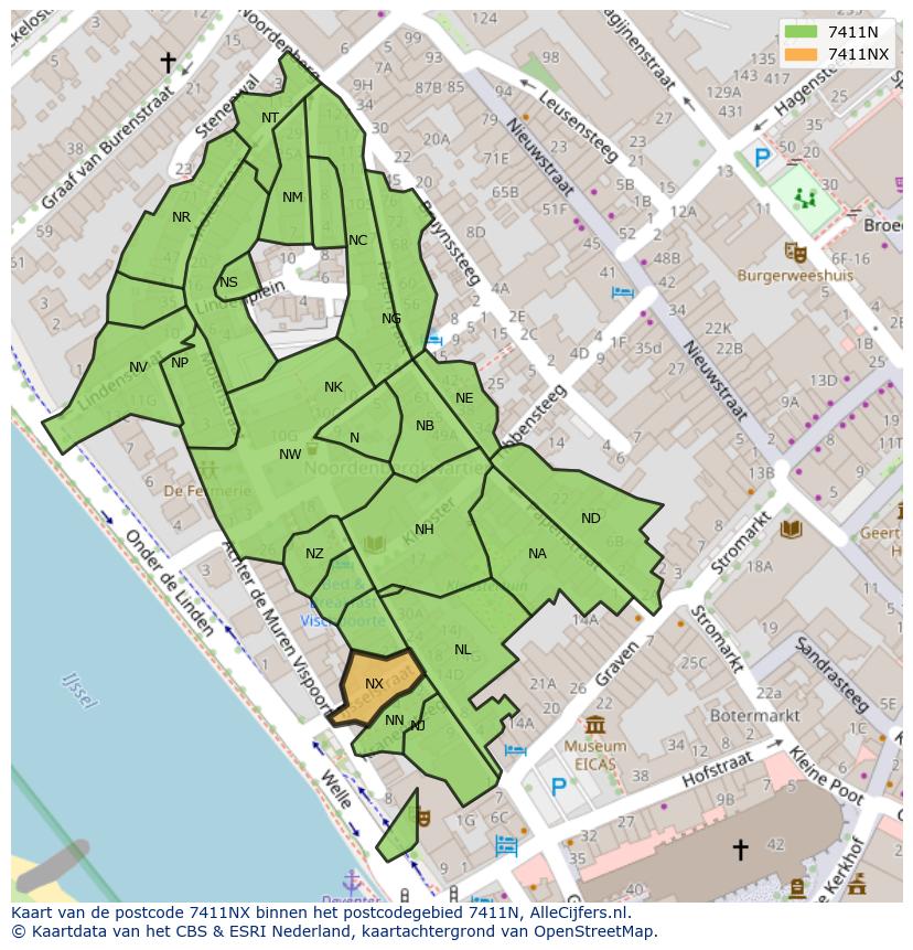 Afbeelding van het postcodegebied 7411 NX op de kaart.