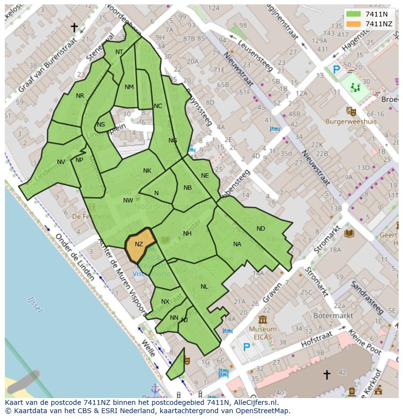 Afbeelding van het postcodegebied 7411 NZ op de kaart.
