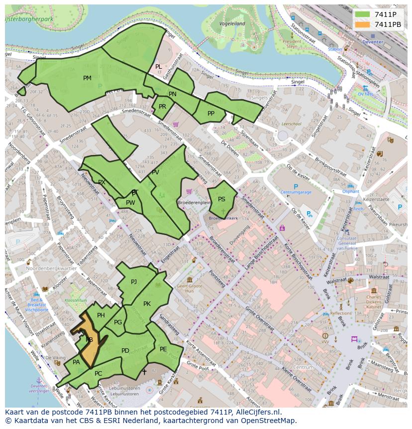 Afbeelding van het postcodegebied 7411 PB op de kaart.