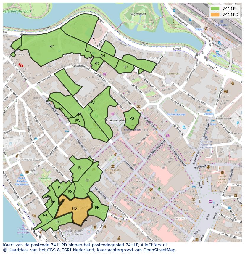 Afbeelding van het postcodegebied 7411 PD op de kaart.