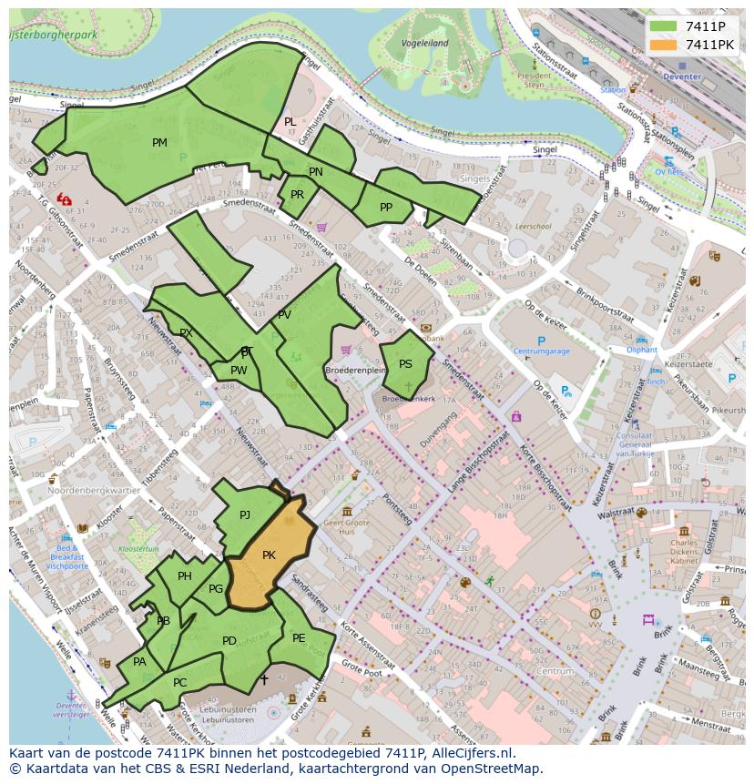 Afbeelding van het postcodegebied 7411 PK op de kaart.