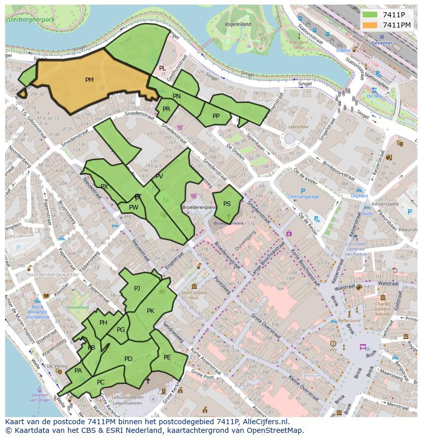 Afbeelding van het postcodegebied 7411 PM op de kaart.