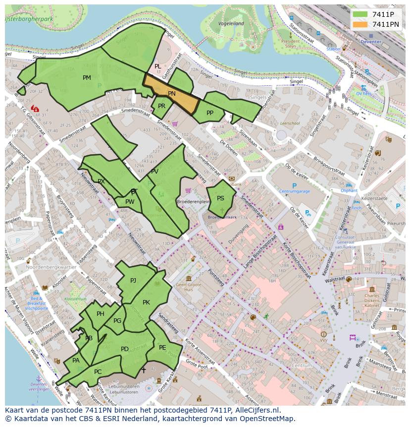 Afbeelding van het postcodegebied 7411 PN op de kaart.