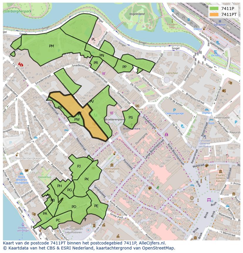 Afbeelding van het postcodegebied 7411 PT op de kaart.