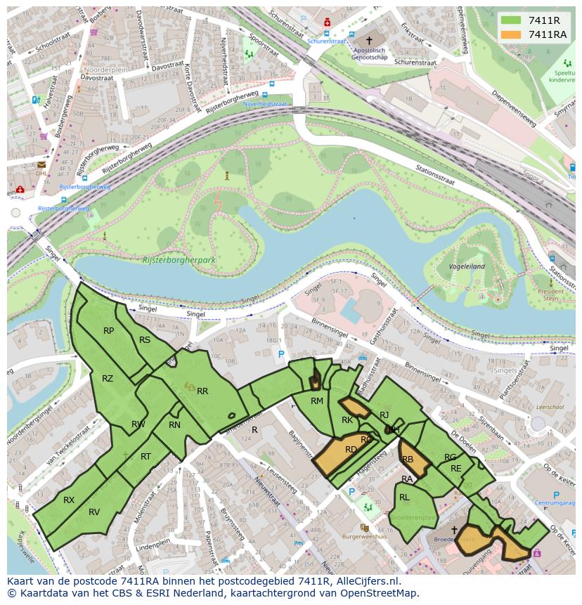 Afbeelding van het postcodegebied 7411 RA op de kaart.
