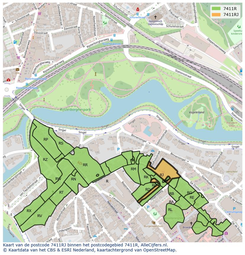 Afbeelding van het postcodegebied 7411 RJ op de kaart.