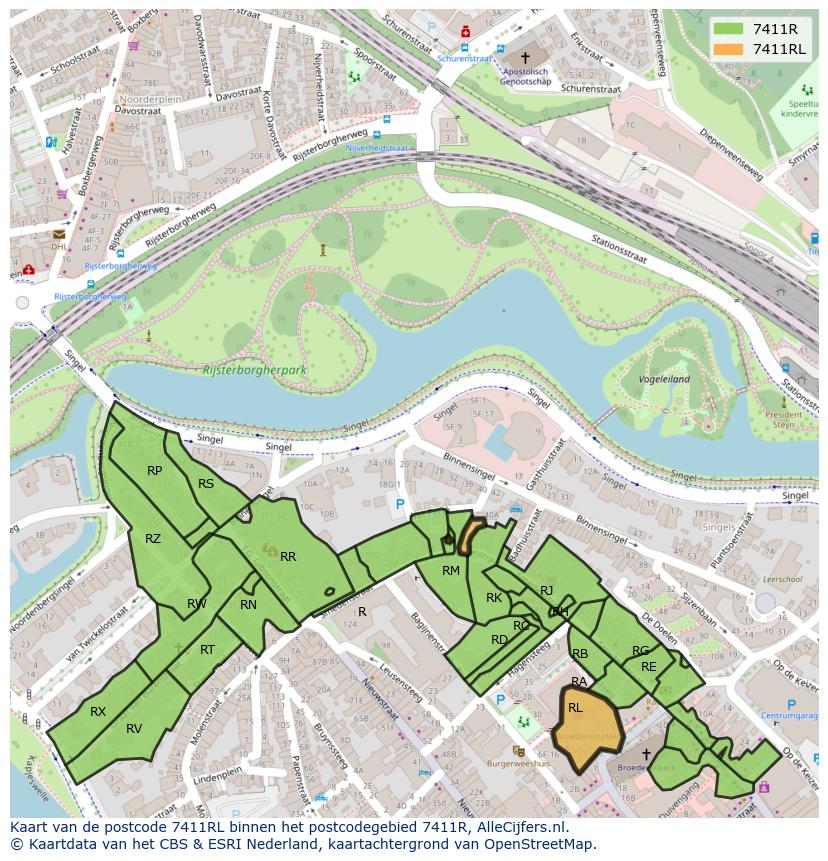 Afbeelding van het postcodegebied 7411 RL op de kaart.