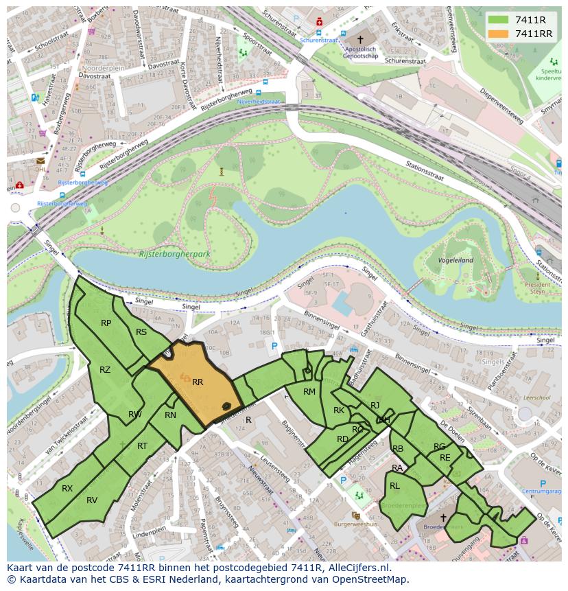 Afbeelding van het postcodegebied 7411 RR op de kaart.
