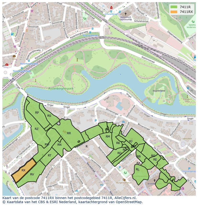 Afbeelding van het postcodegebied 7411 RX op de kaart.