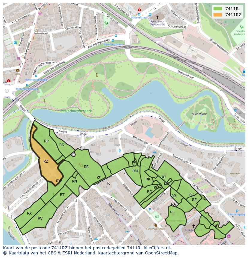 Afbeelding van het postcodegebied 7411 RZ op de kaart.
