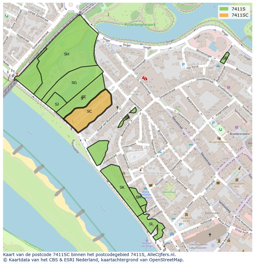 Afbeelding van het postcodegebied 7411 SC op de kaart.