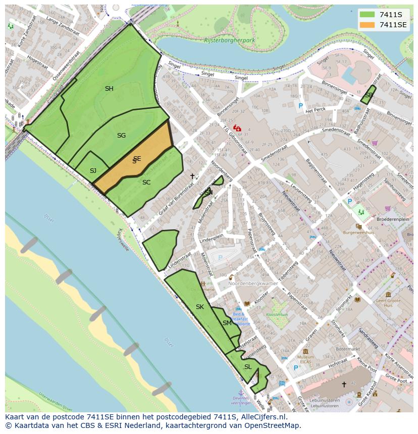 Afbeelding van het postcodegebied 7411 SE op de kaart.