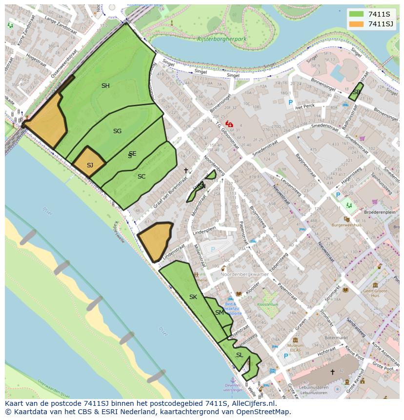 Afbeelding van het postcodegebied 7411 SJ op de kaart.
