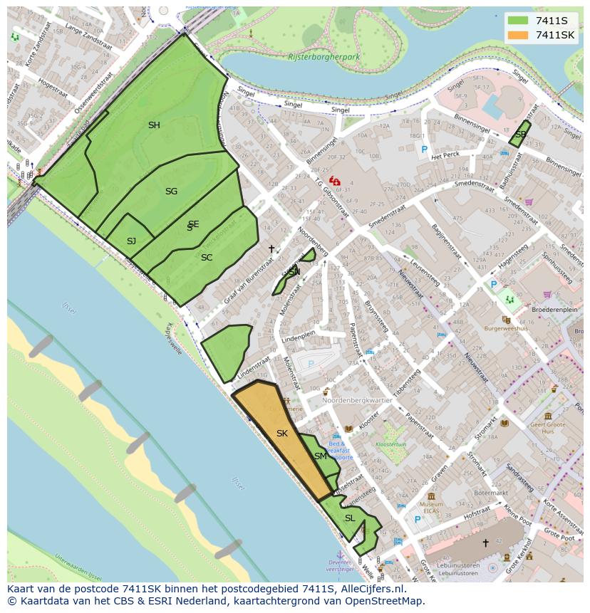 Afbeelding van het postcodegebied 7411 SK op de kaart.