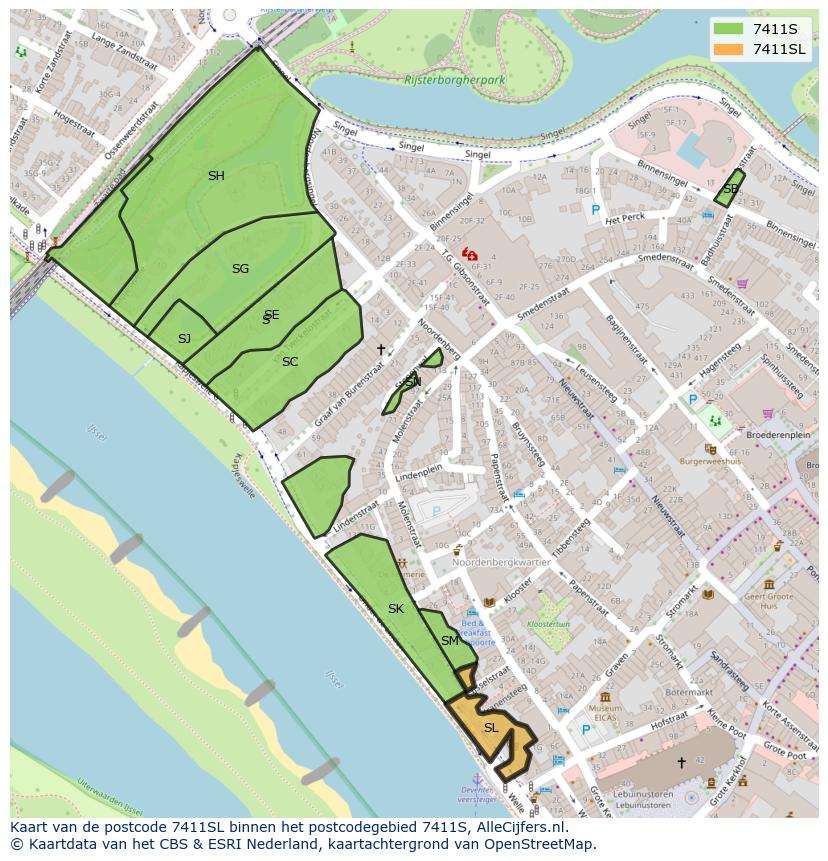 Afbeelding van het postcodegebied 7411 SL op de kaart.