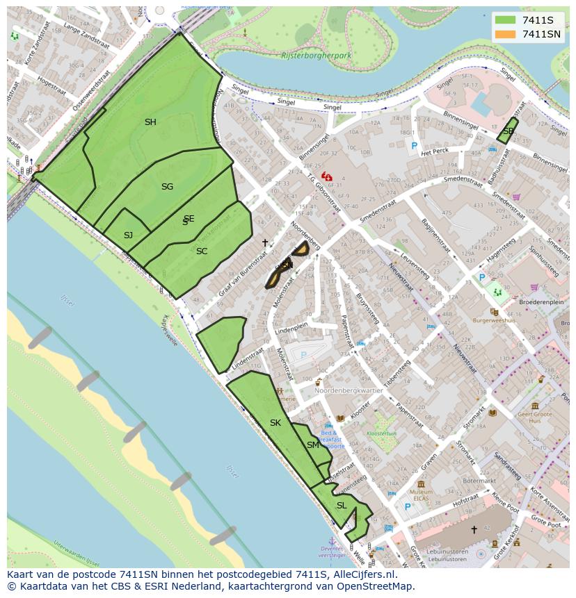 Afbeelding van het postcodegebied 7411 SN op de kaart.