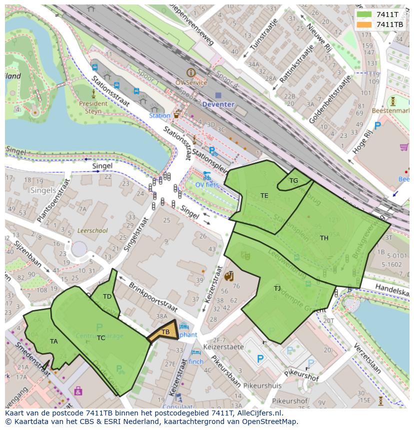 Afbeelding van het postcodegebied 7411 TB op de kaart.