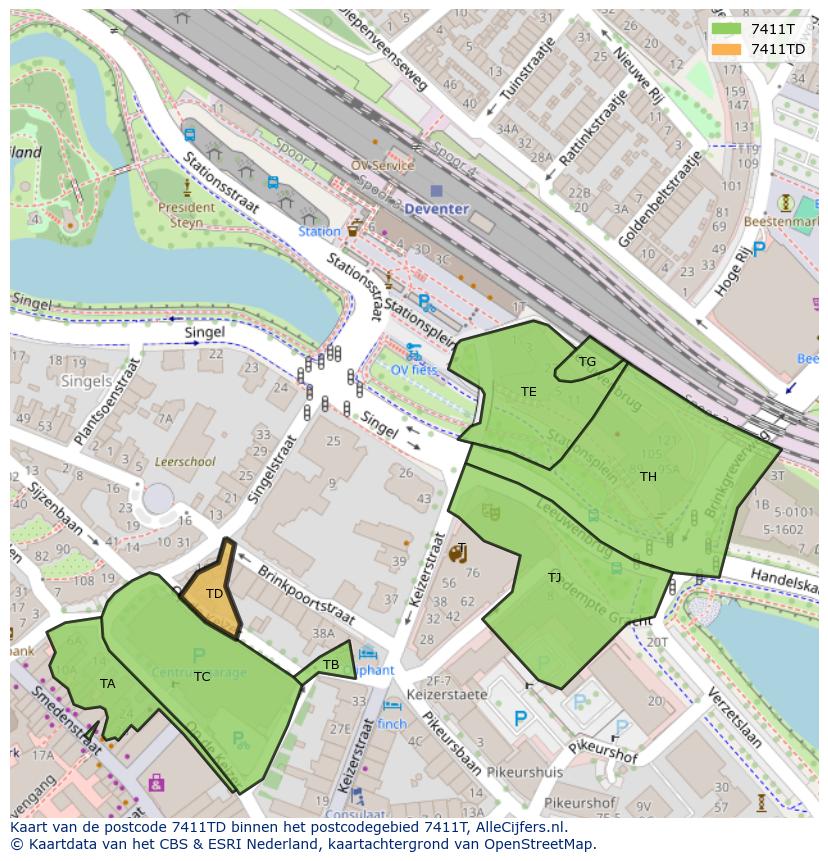 Afbeelding van het postcodegebied 7411 TD op de kaart.