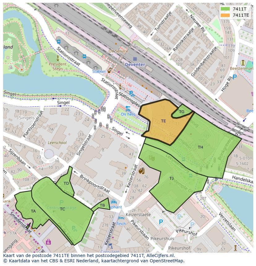 Afbeelding van het postcodegebied 7411 TE op de kaart.