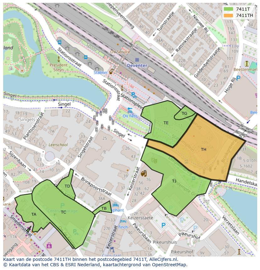 Afbeelding van het postcodegebied 7411 TH op de kaart.