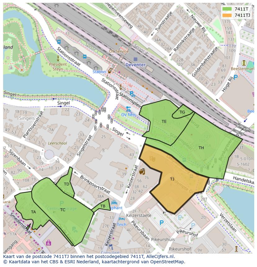 Afbeelding van het postcodegebied 7411 TJ op de kaart.